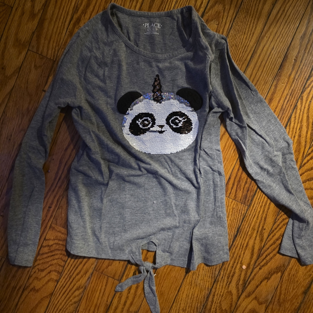 The Children's Place Gray Long Sleeve Sequin Panda Tie-Front Top